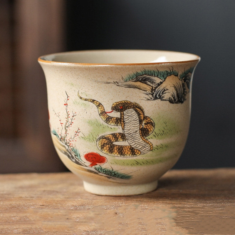 Chinese Zodiac Ceramic Teacup - cobra snake zodiac tea cup, crackle glaze with plum blossoms