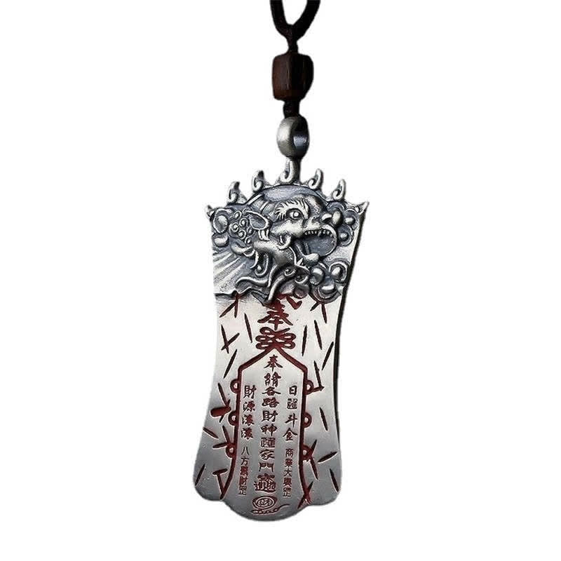 Bagua PiXiu Necklace – Silver PiXiu talisman isolated on white with red text, feng shui protection jewelry