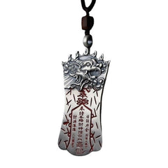 Bagua PiXiu Necklace – Silver PiXiu talisman isolated on white with red text, feng shui protection jewelry