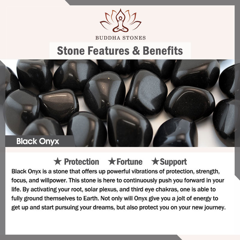 Black Onyx gemstone information card showing polished black stones with protection and fortune benefits for Tree of Life bracelet.