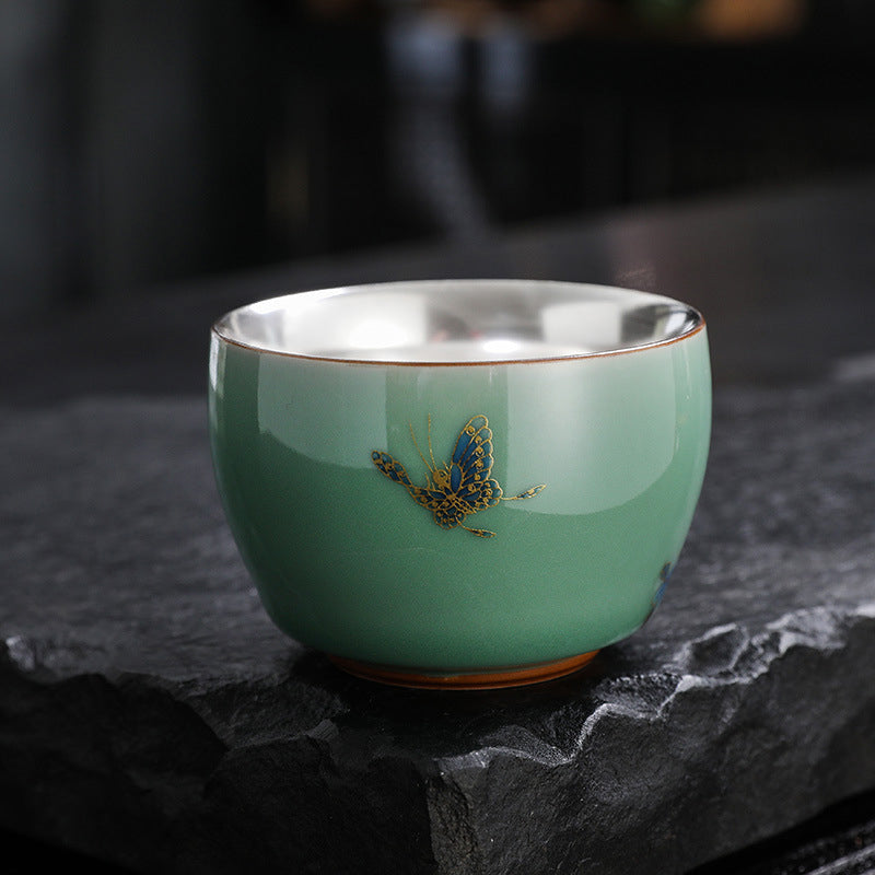 Butterfly Lotus Koi Cup – back view with lotus pond and koi design, teacup 120ml
