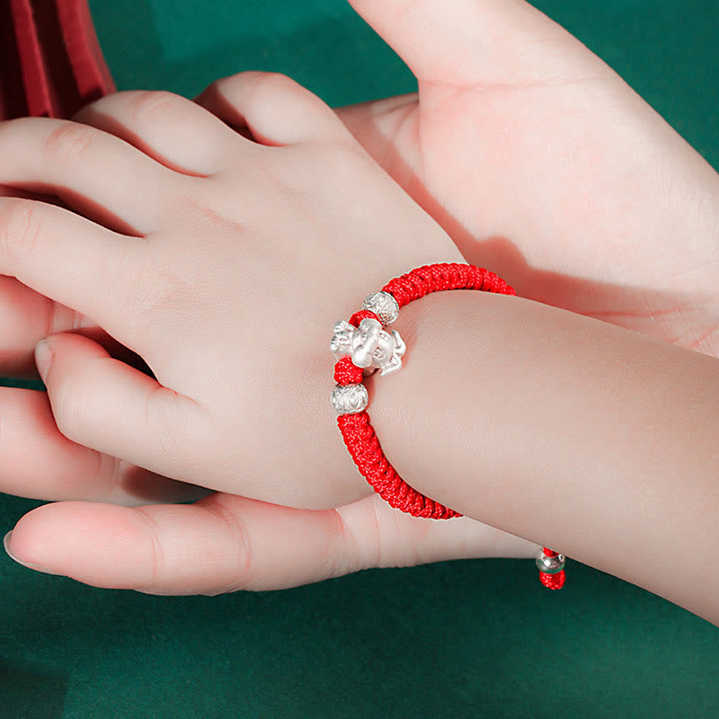 999 Sterling Silver Zodiac Red Rope Kids Bracelet - Red cord anklet with silver beads on baby foot, protective string