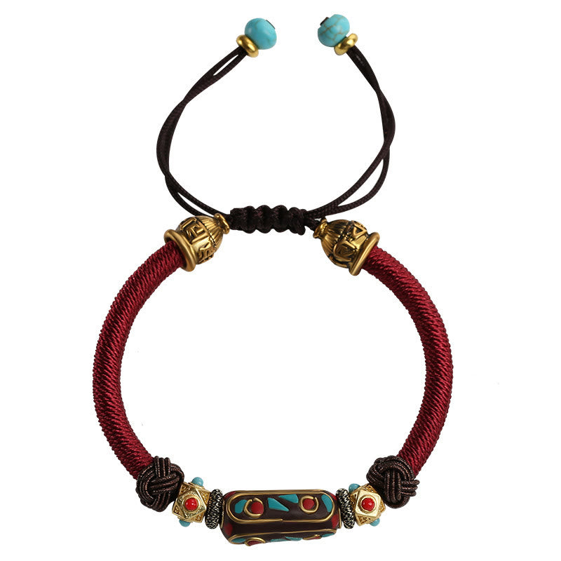 Tibetan Turquoise Om Mani Padme Hum Braided Bracelet – Full bracelet on white background showing gold beads and turquoise ...