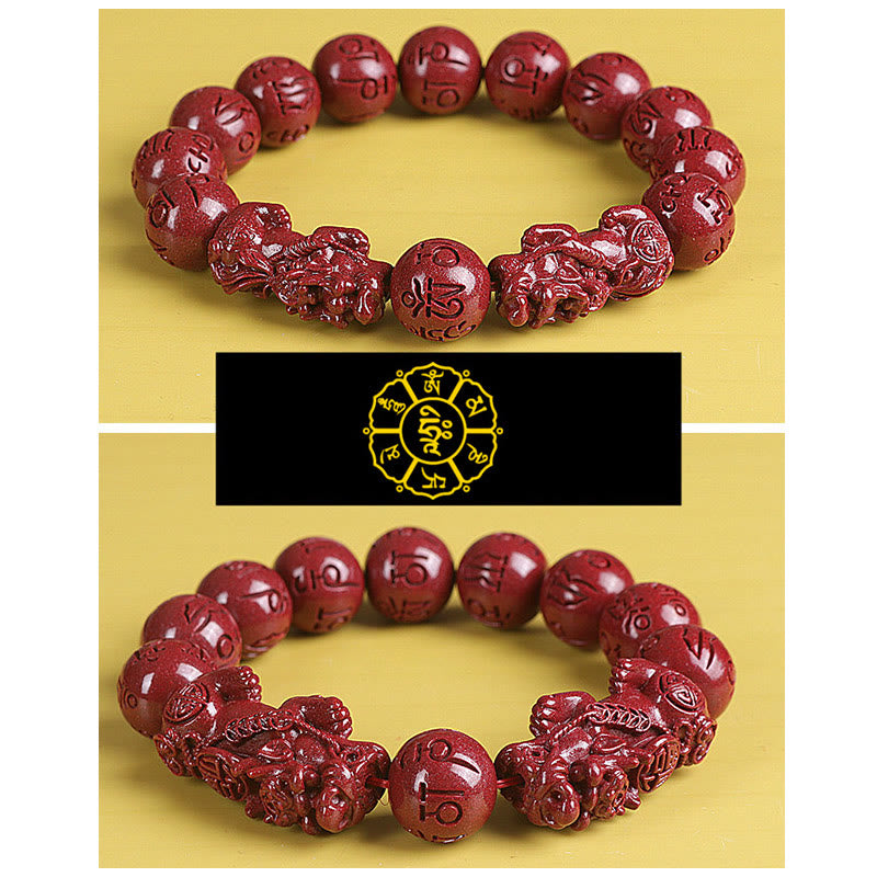 Double PiXiu Cinnabar Bracelet – Split image showing two bracelet views with mandala symbol, spiritual gift
