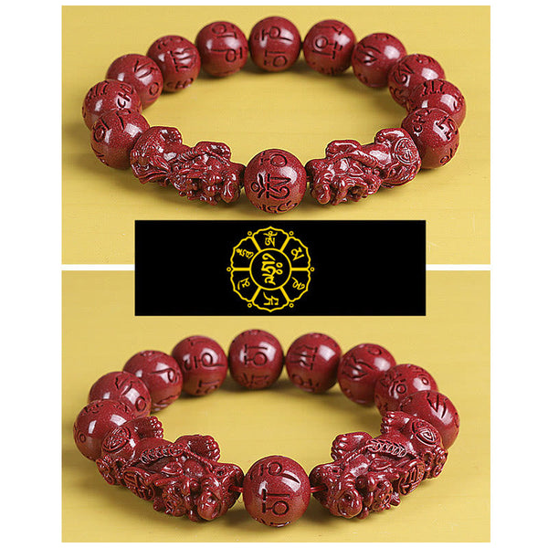Double PiXiu Cinnabar Bracelet – Split image showing two bracelet views with mandala symbol, spiritual gift