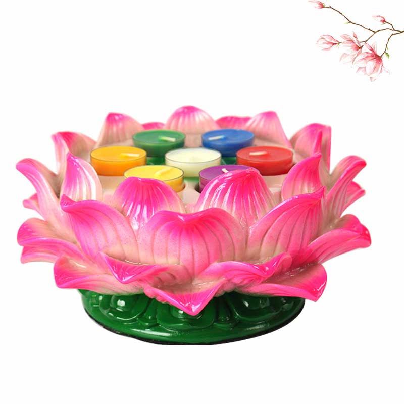Lotus Candle Holder – Pink ceramic lotus with seven chakra-colored tealights, meditation peace