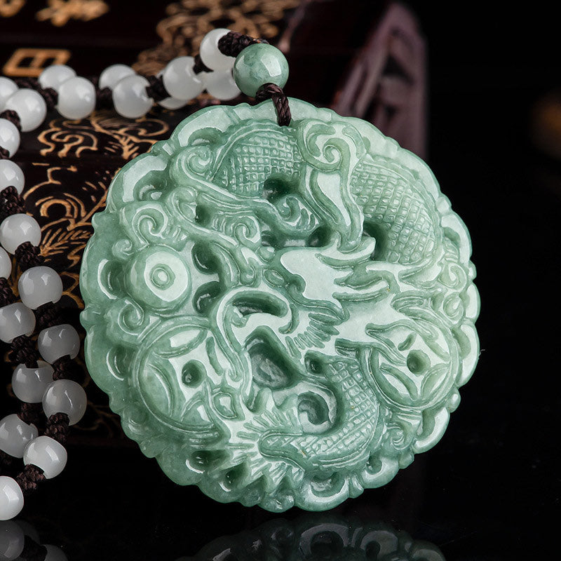 Dragon Jade Fortune Necklace – Jade dragon pendant on gold-floral lacquer display, Luck