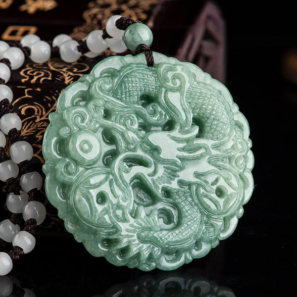 Dragon Jade Fortune Necklace – Jade dragon pendant on gold-floral lacquer display, Luck