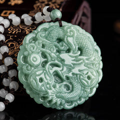 Dragon Jade Fortune Necklace – Jade dragon pendant on gold-floral lacquer display, Luck