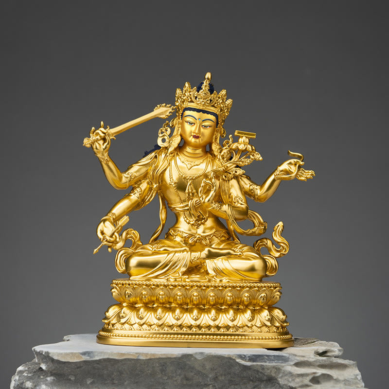 Four-Armed Manjusri Bodhisattva Gold Copper Statue Home Decor – front view lion throne, wisdom deity art