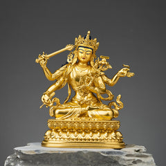 Four-Armed Manjusri Bodhisattva Gold Copper Statue Home Decor – front view lion throne, wisdom deity art