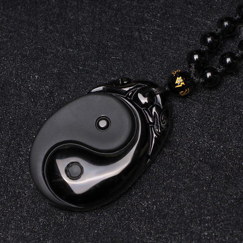 Black Obsidian Yin Yang Pendant Necklace – Glossy obsidian Yin-Yang pendant on leather, black stone spiritual necklace