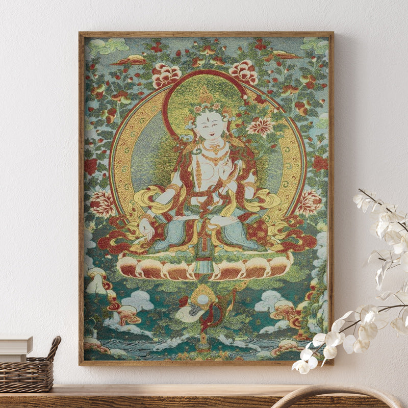 Tibetan Embroidery White Tara Thangka Tapestry – wood frame, dried flowers, woven basket, lifestyle decor