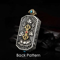 Dorje Vajra Rope Pendant – Back view showing vajra relief with sunburst pattern, silver and gold, spiritual amulet