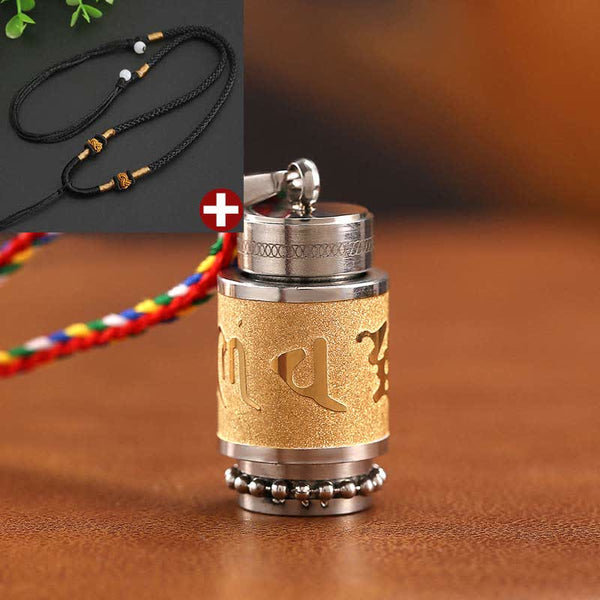 Om Mani Padme Hum Amulet – Gold brushed pendant, red cord, Tibetan mantra necklace