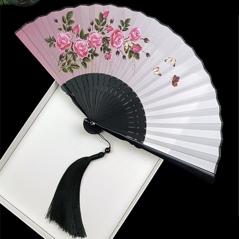 Vintage Silk Folding Fan - Pink rose and butterfly design on gradient silk, floral hand fan