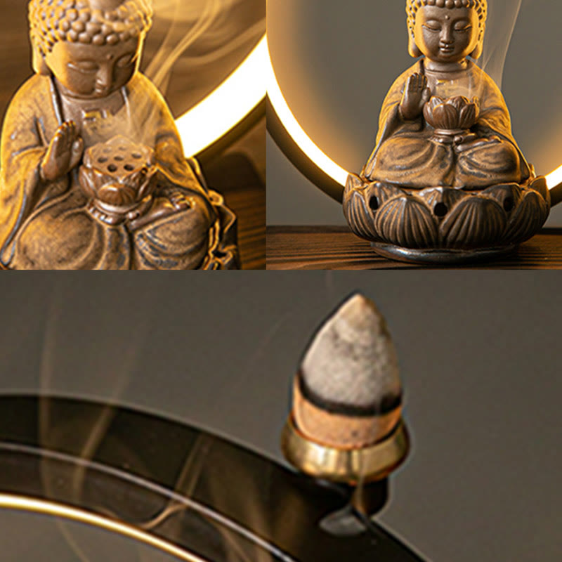 Buddha incense burner three-panel collage, smoke close-up and full figure with LED halo, meditation gift set