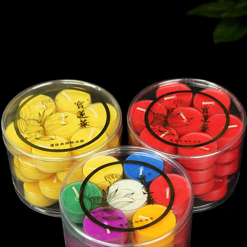 Lotus Candle Holder – Bao Lian Hua smokeless butter lamps in 3 color containers, devotion