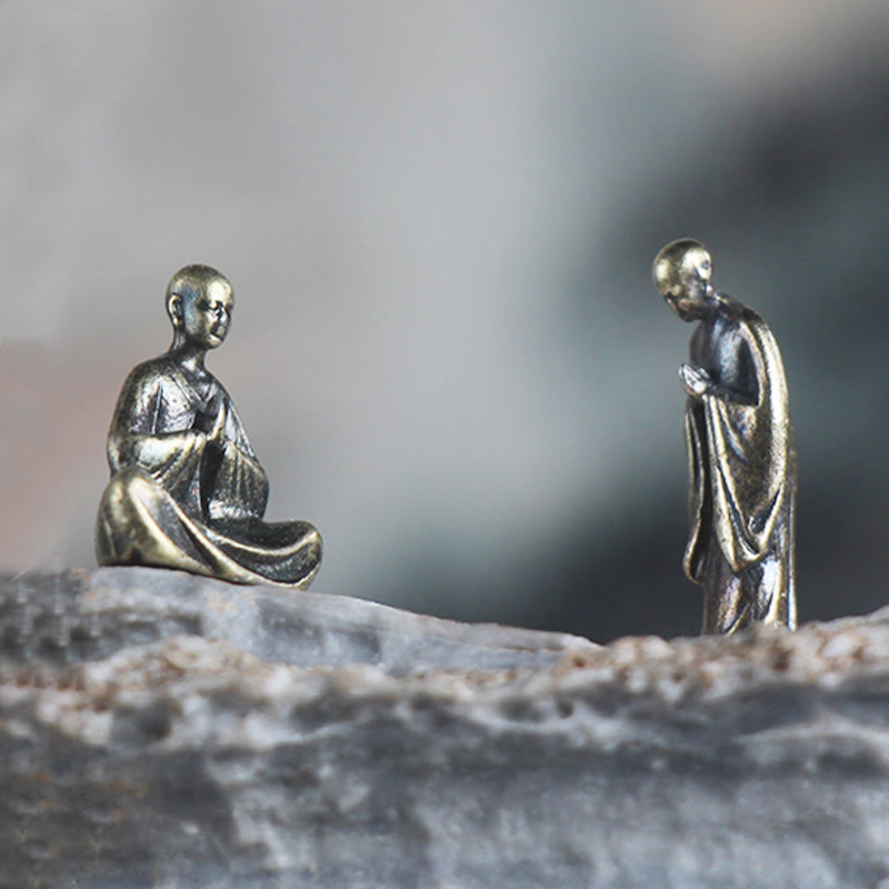 Mini Metal Meditation Buddha Decoration – two brass monks in meditation and prayer pose on stone, mindfulness and calm