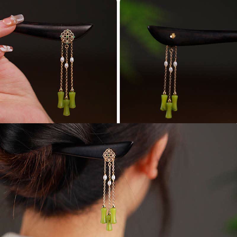 Peridot Ebony Wood Hairpin, collage showing hand held, styled, and detail views
