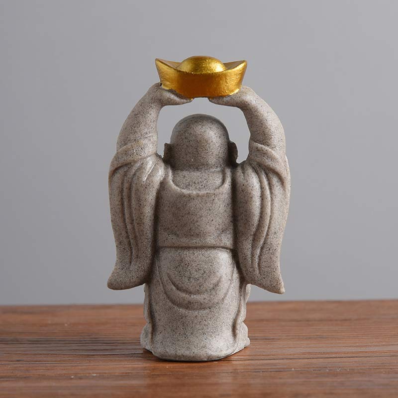 Laughing Buddha Resin Statue - rear view showing gold ingot raised above, gray stone texture, Peaceful