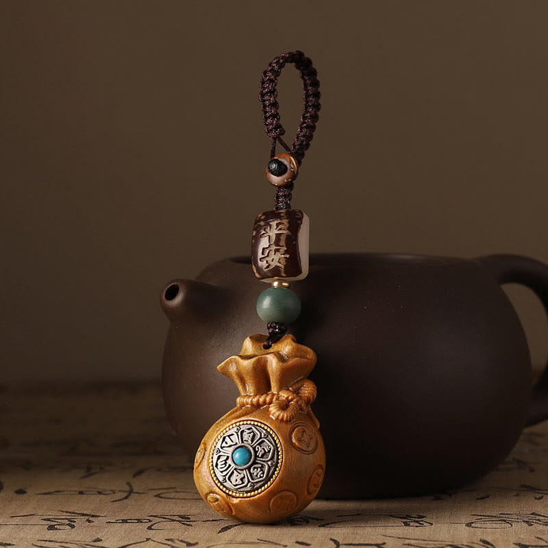 Sandalwood Money Bag Mantra Hanging - Wood bag with tea set and calligraphy, Chinese amulet