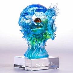 Azure Dragon Liuli Crystal – three-quarter view of blue-green dragon with golden sun orb