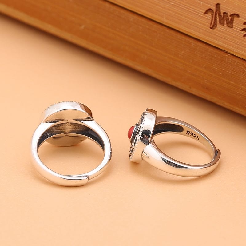 Tibetan Om Mani Padme Hum Ring – Red and blue on carved wood top-down, Tibetan ring