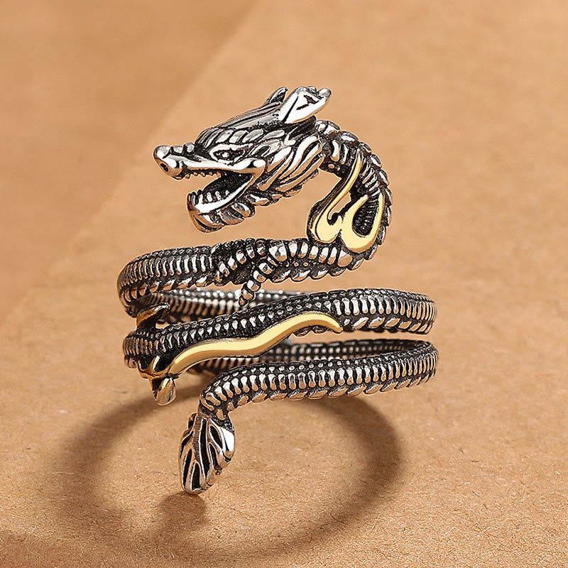 Vintage Dragon Pattern Copper Ring - Two-tone dragon wrap ring on kraft paper, powerful