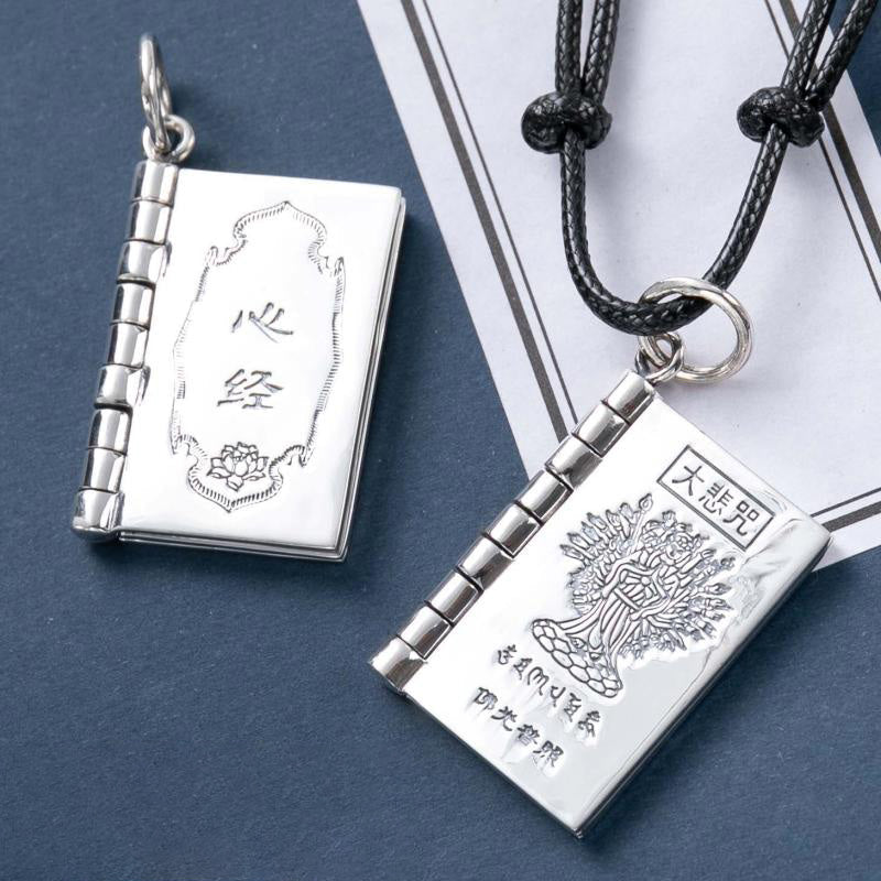 Sterling Silver Heart Sutra Pendant – Two hinged book pendants with Buddhist mantras, devotion
