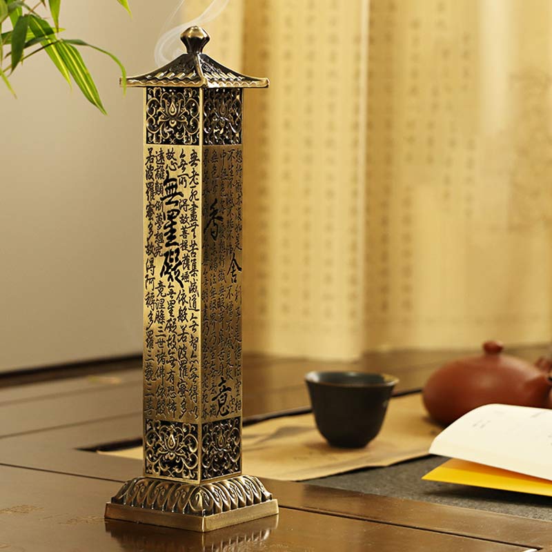 Heart Sutra Incense Burner – tower with smoke rising beside teapot, mindful