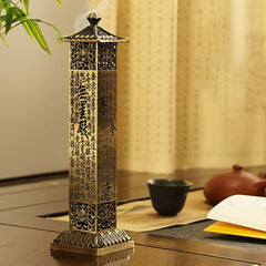 Heart Sutra Incense Burner – tower with smoke rising beside teapot, mindful