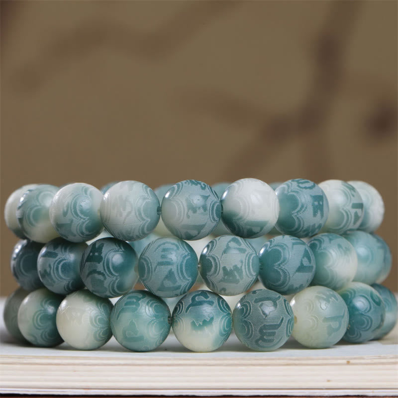 Bodhi Seed Om Mani Padme Hum Bracelet – Three strands of marbled green mantra beads on layered paper, Bodhi jewelry