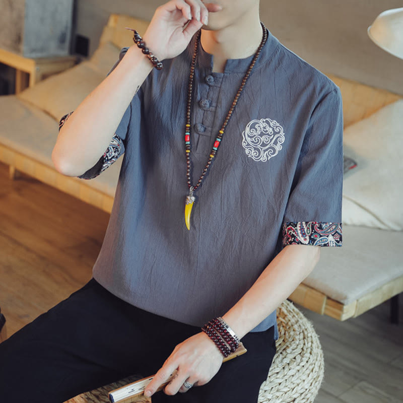 Dragon Embroidery Frog-Button Linen Tang Suit Shirt - Model wearing gray in modern room, versatile
