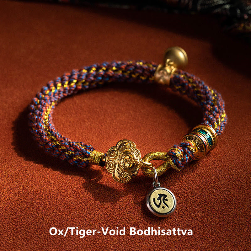 Om Mani Padme Hum Braided Bracelet – Ox Tiger zodiac variant with gold cloud medallion and enamel bead accents