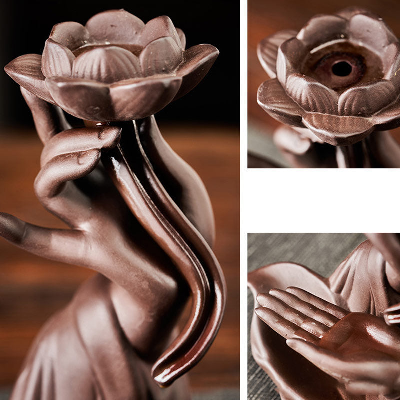 Lotus Bergamot Incense Burner – Close-up pink lotus bloom on brown clay, floral aromatherapy