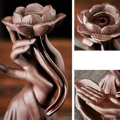 Lotus Bergamot Incense Burner – Close-up pink lotus bloom on brown clay, floral aromatherapy