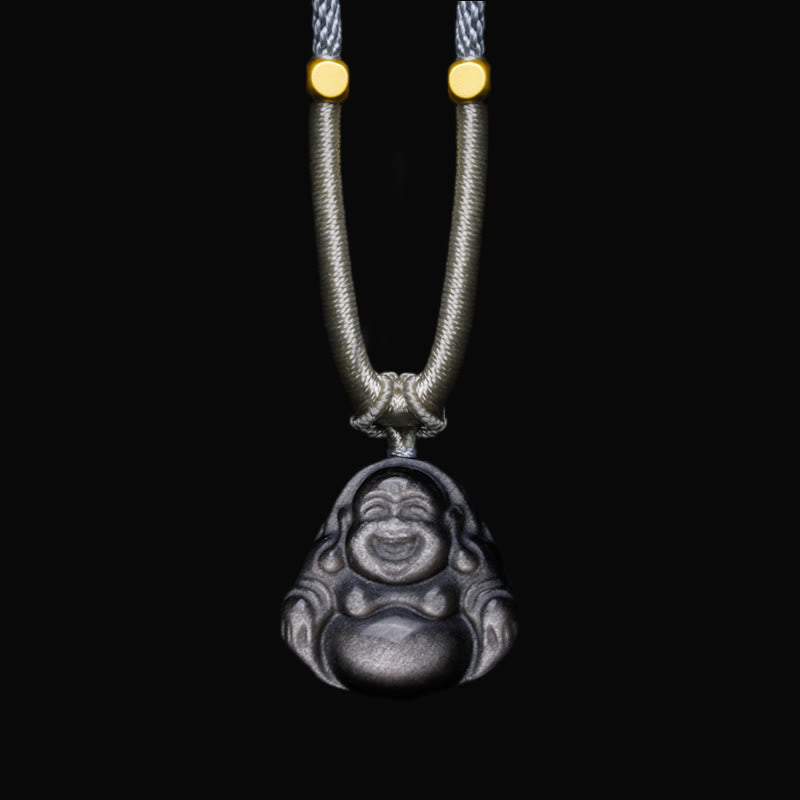 Cinnabar Laughing Buddha Yin Yang Zodiac Necklace – model wearing necklace at collarbone, elegant spiritual jewelry