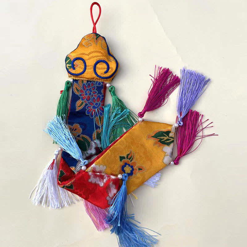 Lotus Auspicious Wall Art – Embroidered sachet ornament with multicolor tassels, Festive decor