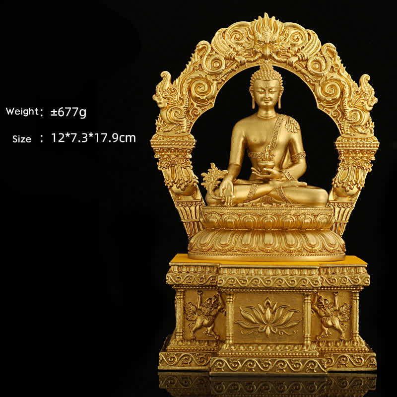 Shakyamuni Amitabha Medicine Buddha Copper Statue Decor – Medicine Buddha blue accents, polychrome copper