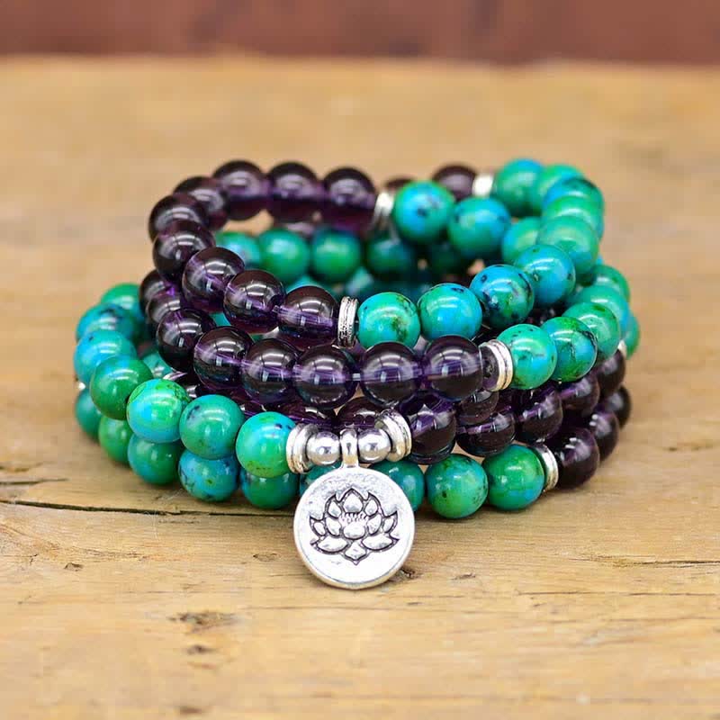 Amethyst Green Aventurine Lotus Charm Bracelet | Peace & Healing
