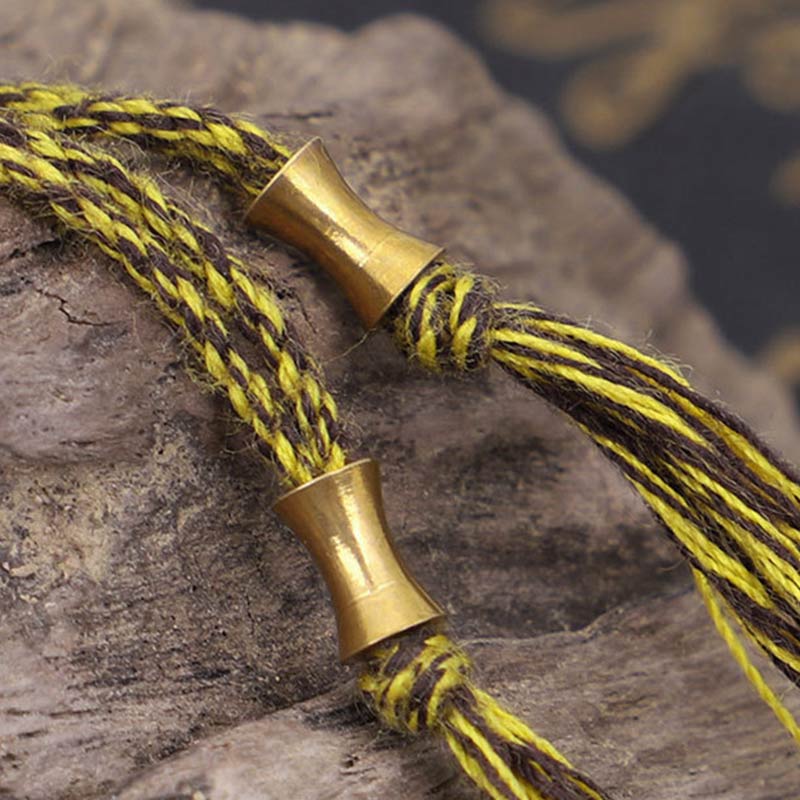 Tibetan Gold Om Mani Padme Hum Bracelet – Braided cord and brass spacer detail on wood, men’s bead