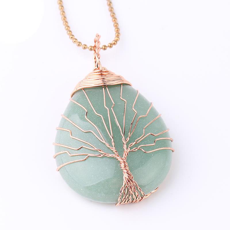 Quartz Crystal Tree of Life Necklace – sage green aventurine pendant, copper wire tree, white studio, crystal