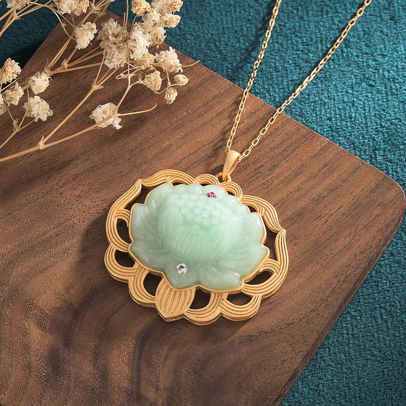 Jade Lotus Harmony Pendant - Double lotus with jade center, gold filigree petals and dual gem accents, lotus pendant