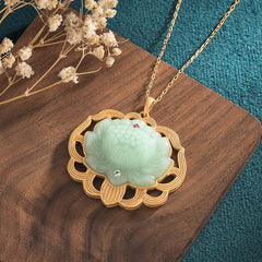 Jade Lotus Harmony Pendant - Double lotus with jade center, gold filigree petals and dual gem accents, lotus pendant
