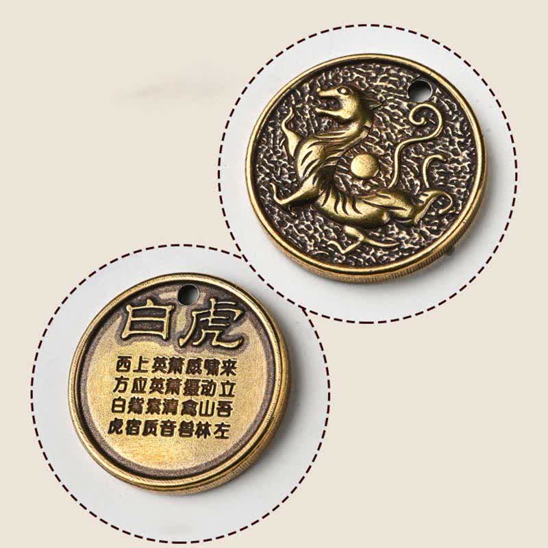 Four Symbols Constellation Key Chain - White Tiger Bai Hu coin pendant with relief and Chinese inscription, Valiant