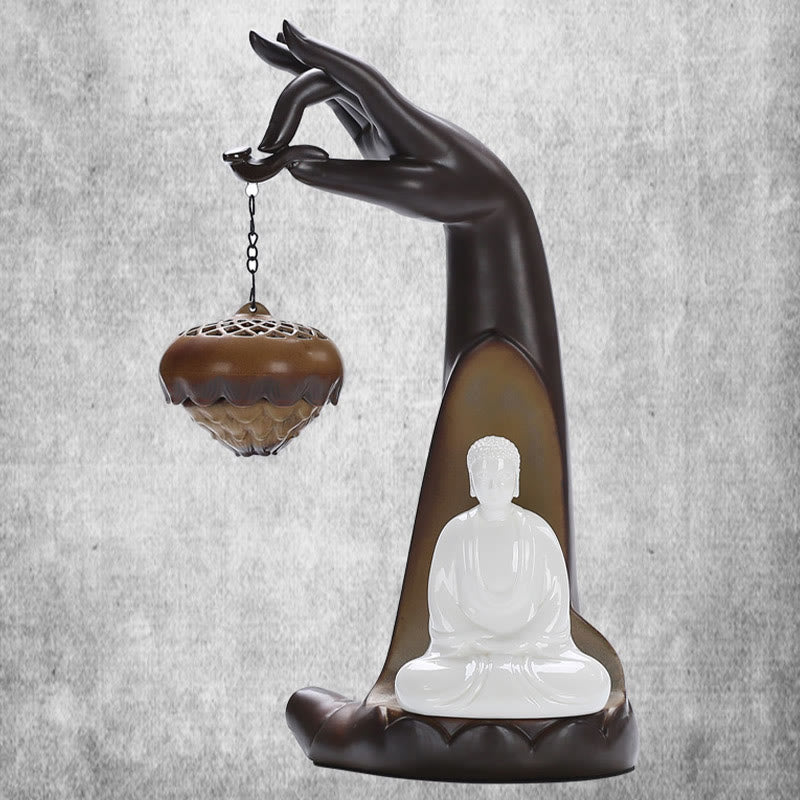 LED Buddha Hand Backflow Burner - front view with hanging lotus censer on gray wall