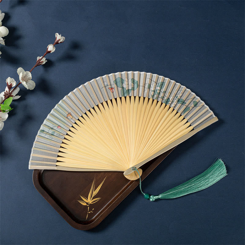 Lotus Begonia Jasmine Handheld Bamboo Folding Fan - lotus flowers with green leaves, sage ribs, gold tray