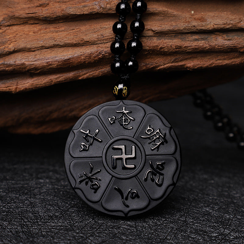 Black Obsidian Swastika Mantra Necklace - On dark leather with wood, carved mantra pendant on beaded chain, luck amulet
