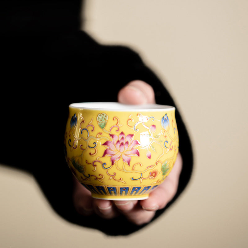 Lotus Pod Ceramic Tea Cup – imperial yellow lotus enamel held in hand, kung fu tea